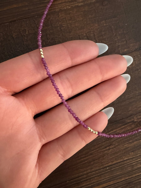 Ruby Jade and Gold Filled Beaded Necklace (Stone of Luck / July Birthstone)