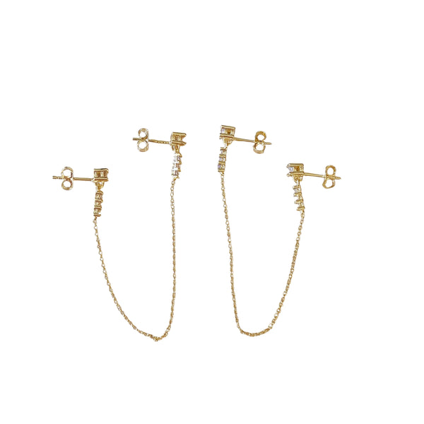 Cubic Zirconia Gold Filled Double Piercing Chain Earrings