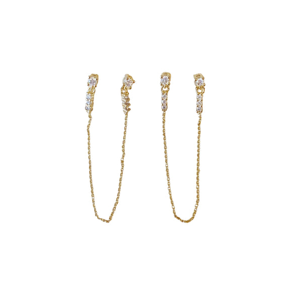 Cubic Zirconia Gold Filled Double Piercing Chain Earrings