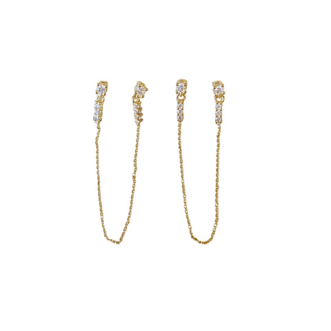 Cubic Zirconia Gold Filled Double Piercing Chain Earrings