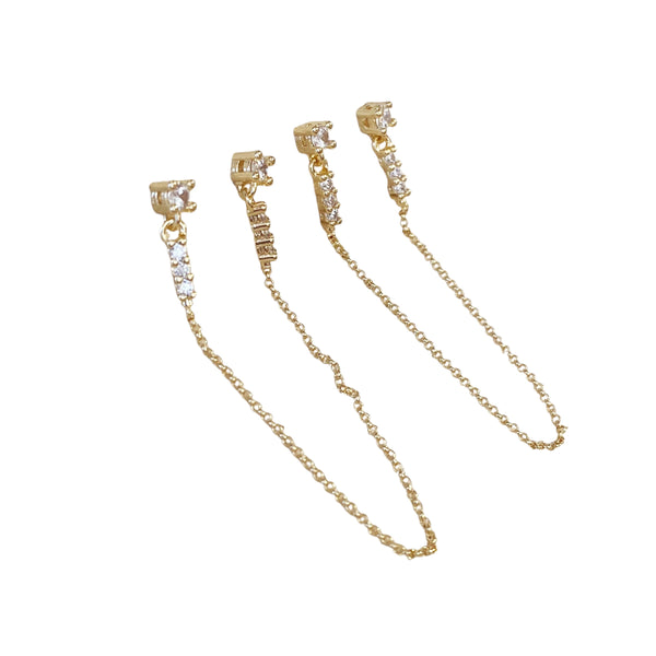 Cubic Zirconia Gold Filled Double Piercing Chain Earrings