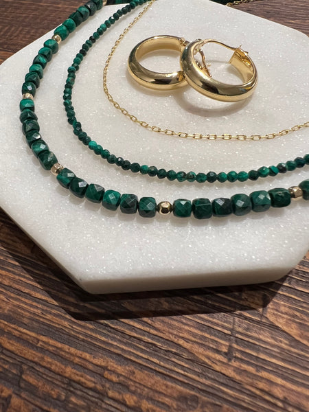 Malachite Cubed Gold Filled Beaded Necklace