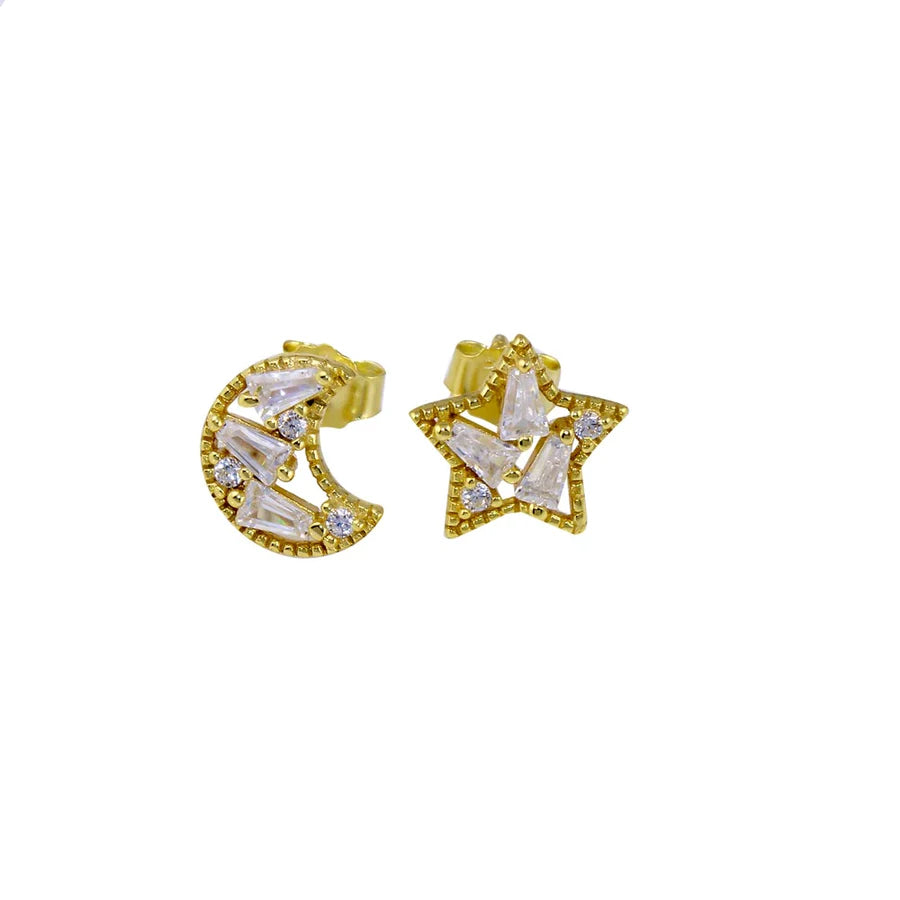 Crescent Moon and Star Baguette Stud Earrings