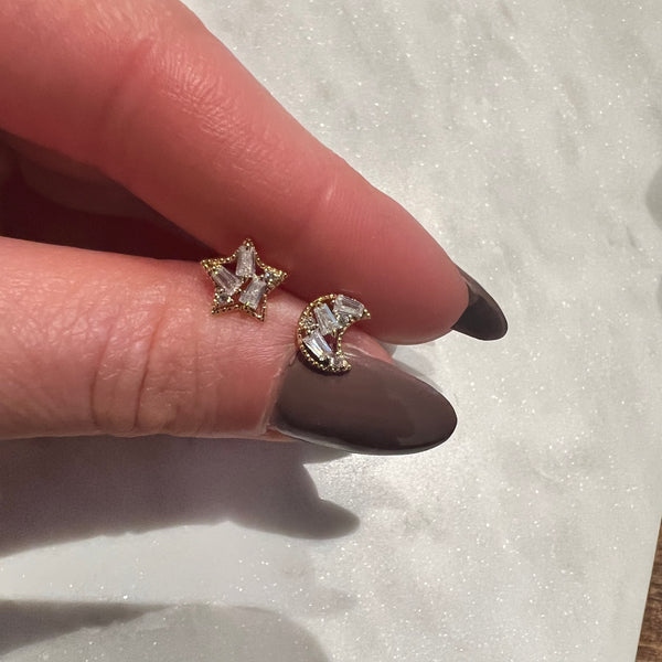 Crescent Moon and Star Baguette Stud Earrings