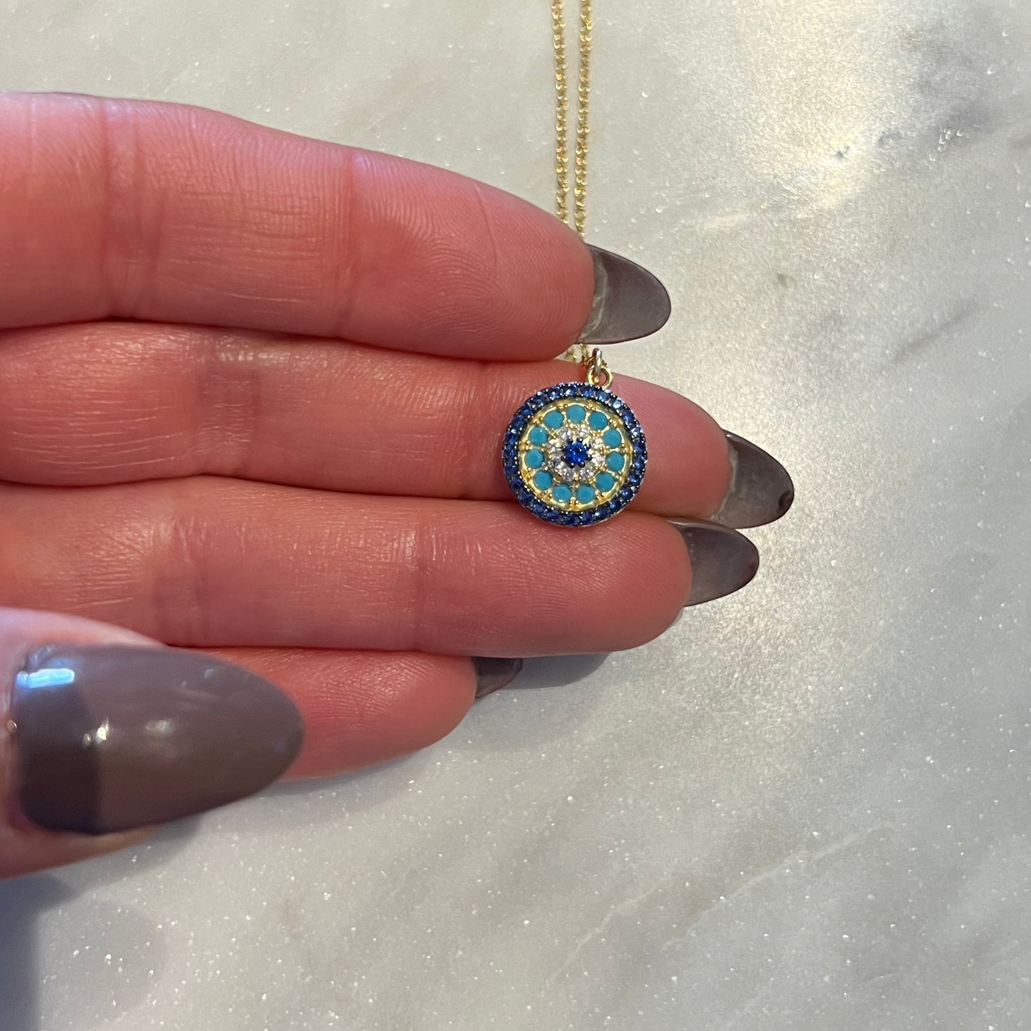 Round Turquoise and Blue Cubic Zirconia Evil Eye Necklace
